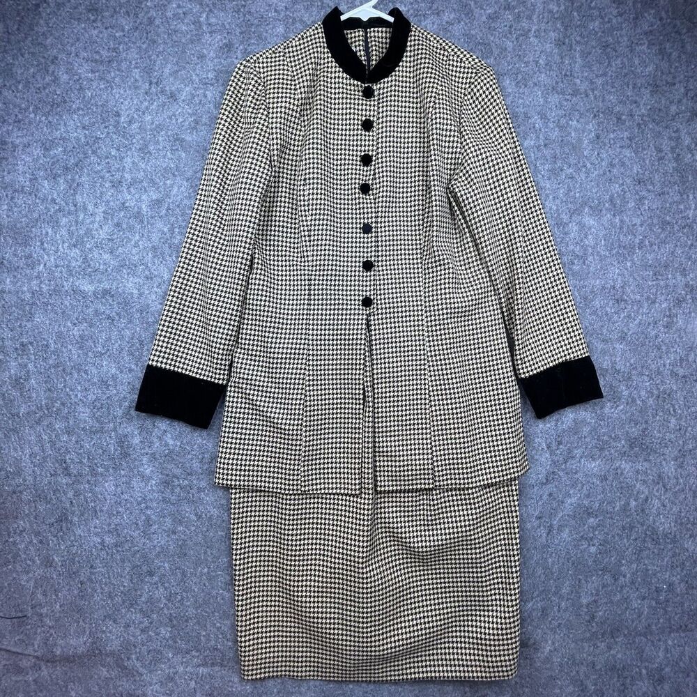 Vintage Leslie Fay Dresses Skirt Suit Womens 8 Houndstooth Secretary Velvet Cuff